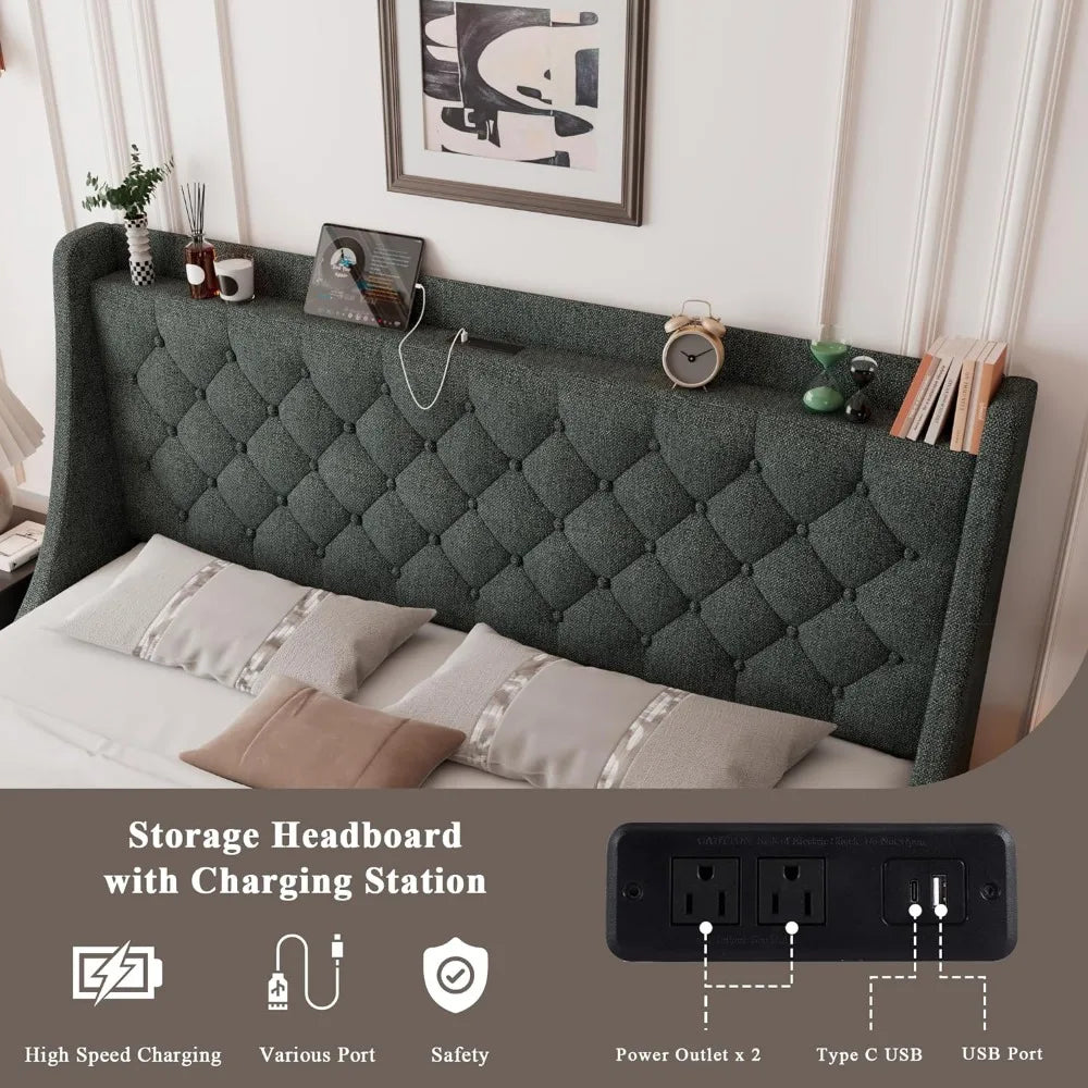 Feonase King Size Upholstered Bed Frame with 4 Storage Drawers Wingback Headboard and Storage Shelf Easy Assembly Dark Grey