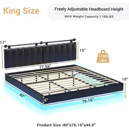 King Size Bed Frame with LED Lights and Wall Mounted Headboard Modern Upholstered Platform Low Profile LED Bed Frame