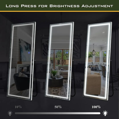 Full Body Mirror 63 X 16 Inch Full Length Mirror With LED Lights White With Stand Mirrors Floor Large Standing Living Room Home