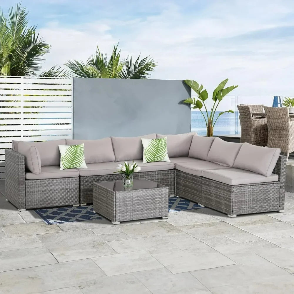 7 Pieces Patio Furniture Set, Modular Patio Set Wicker Outdoor Sectional Sofa Set PE Rattan Wicker Patio Conversation Set