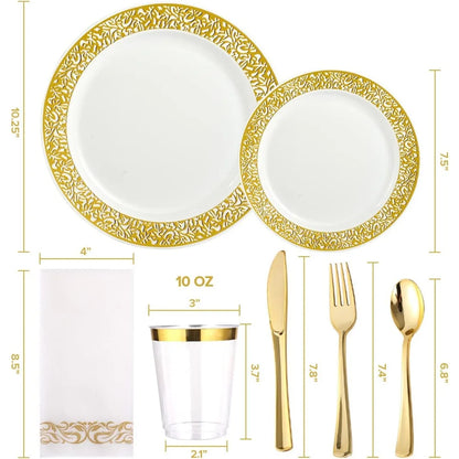 350pcs Gold Disposable Dinnerware Set  Dinner Plates, Dessert Plates, Cups, Napkins, Silverware Set