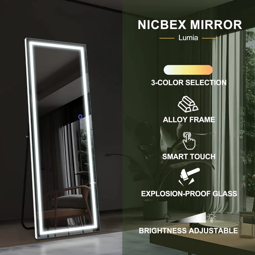 Full Body Mirror 63 X 16 Inch Full Length Mirror With LED Lights White With Stand Mirrors Floor Large Standing Living Room Home