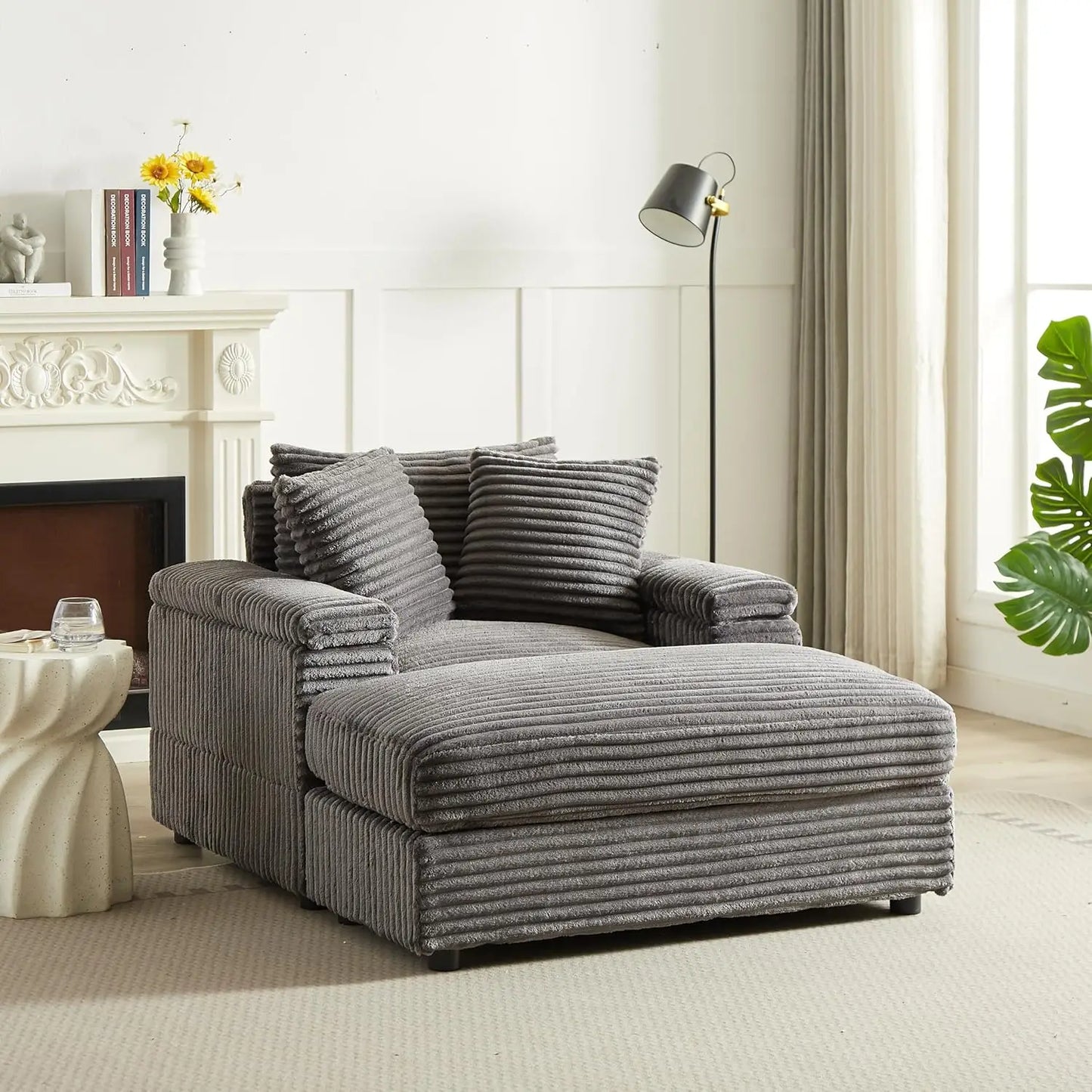 Oversized Corduroy Sleeper Sofa,Comfy Thicked Upholstered Padded Chaise Longue with Ottoman