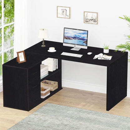 Black L Shaped Computer Desk with Drawers, L Shaped Home Office Desk with Storage Cabinet Shelves