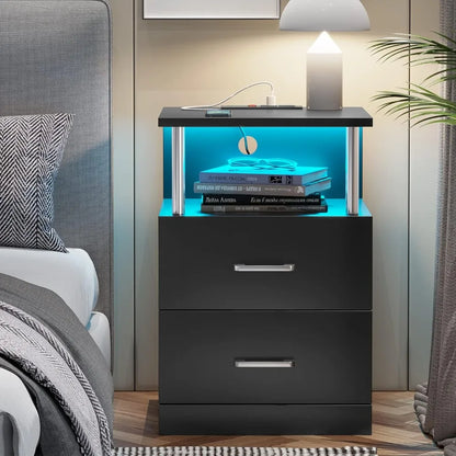 LED bedside table, Bedside table set 2 pieces, Bedside table furniture with open storage and 2 drawers