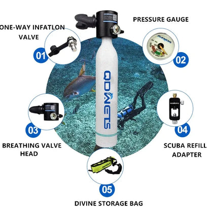 QDWET portable mini scuba diving tank equipment, diving tank, can work for 5-10 minutes, capacity 0.5 liters, refillable design