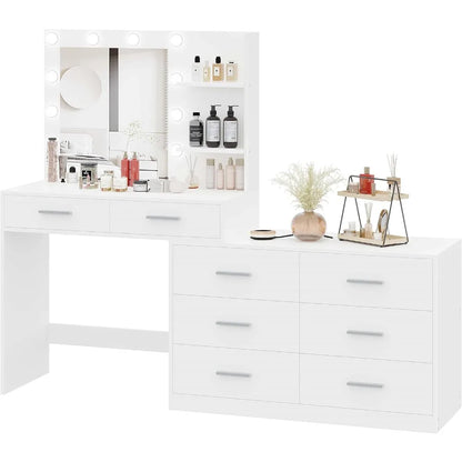 Rovaurx 65" W Makeup Vanity Desk with Mirror and 3-Color Lights, 8 Drawers Vanity Table with Side Storage Shelf, Dressing