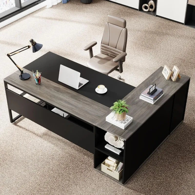 Executive Desk, L Shaped Desk with Cabinet Storage, Executive Office Desk with Shelves（Grey/Brown）optional