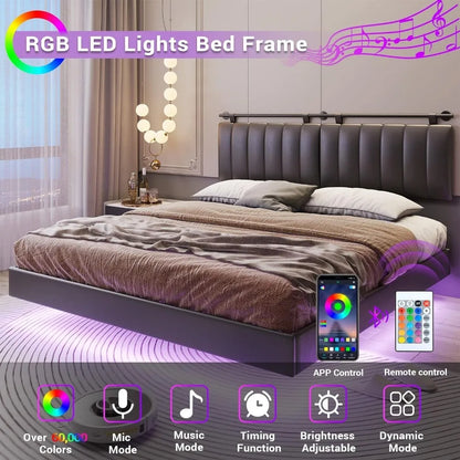 King Size Bed Frame with LED Lights and Wall Mounted Headboard Modern Upholstered Platform Low Profile LED Bed Frame